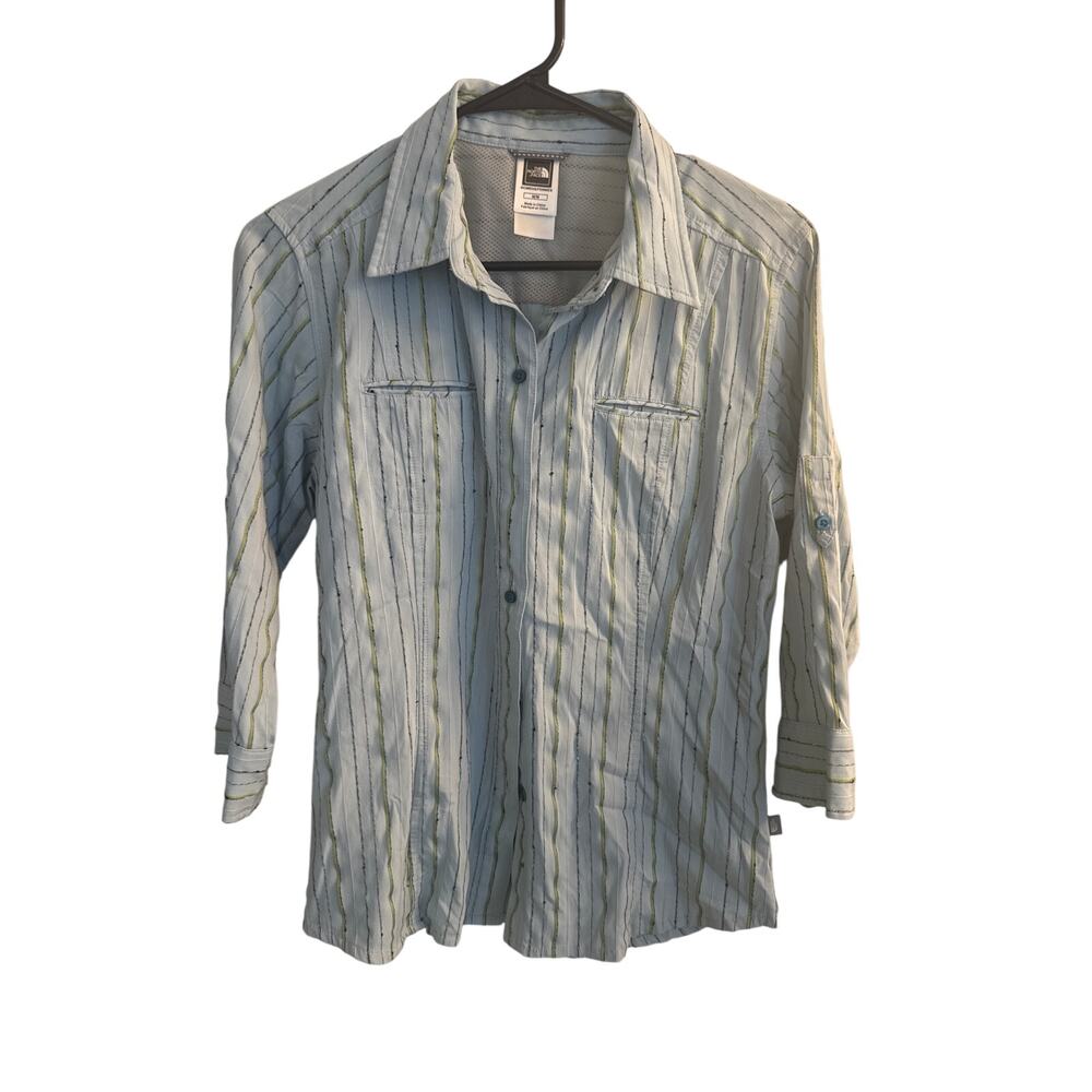 The NorthFace Shirt Women's‎ M Blue/ Green Striped 3/4 Sleeve Button Down